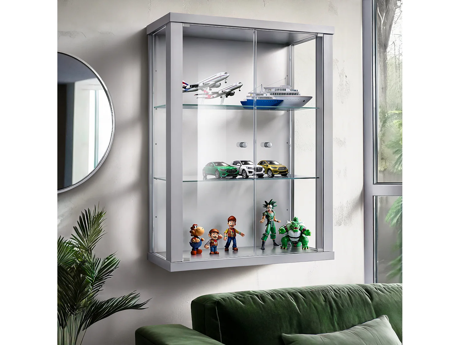 Vitrine suspendue avec 2 portes & 2 étagères en verre réglables en hauteur - 80x60x25 cm - Argenté