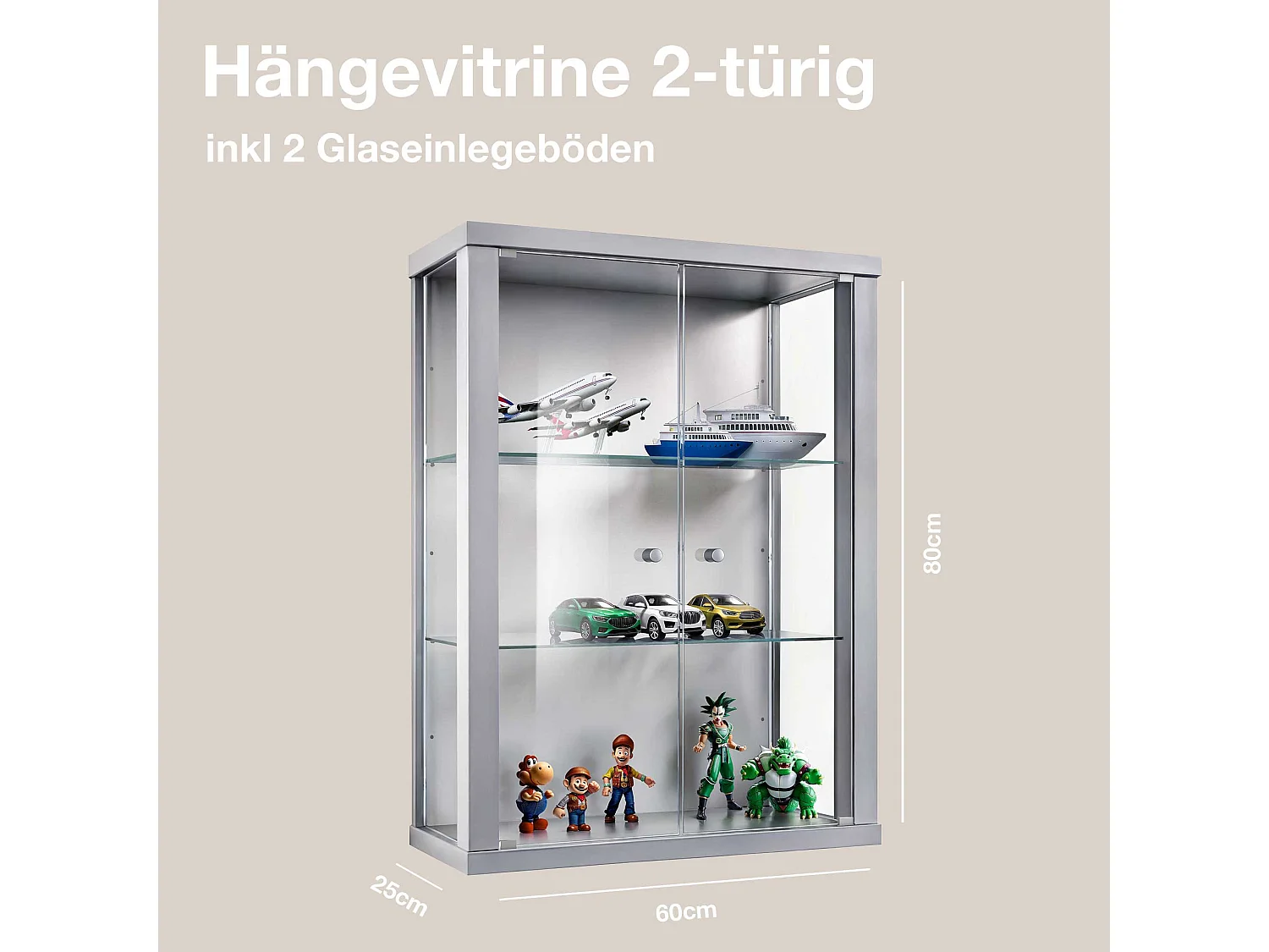 Vitrine suspendue avec 2 portes & 2 étagères en verre réglables en hauteur - 80x60x25 cm - Argenté