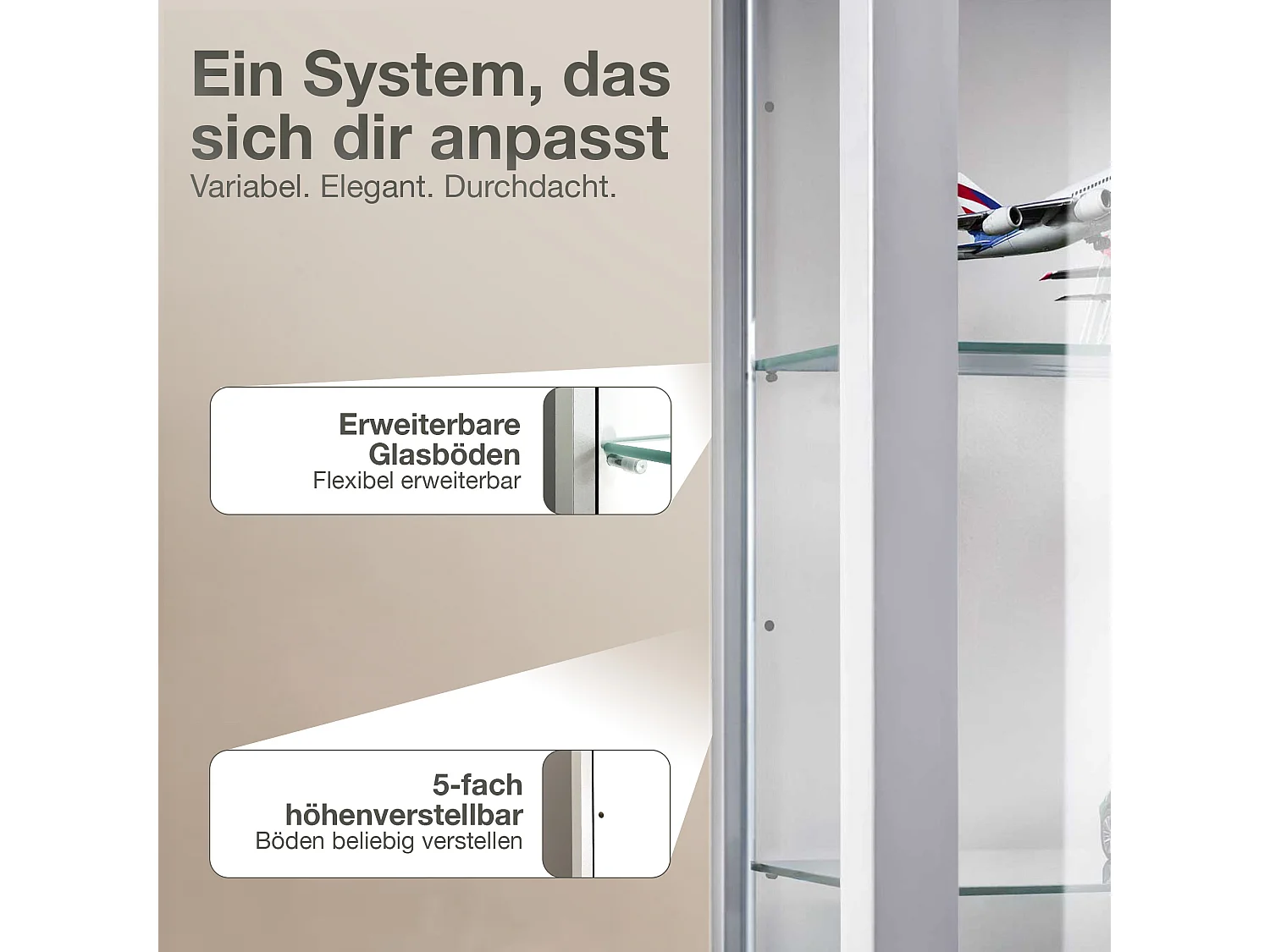 Wandvitrine met 2 deuren & 2 in hoogte verstelbare glasplanken - 80x60x25 cm - Zilverkleurig