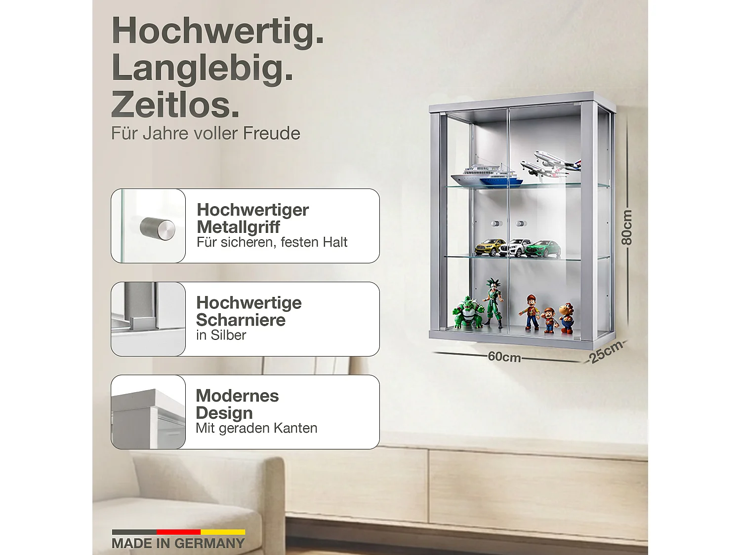 Vitrine suspendue avec 2 portes & 2 étagères en verre réglables en hauteur - 80x60x25 cm - Argenté
