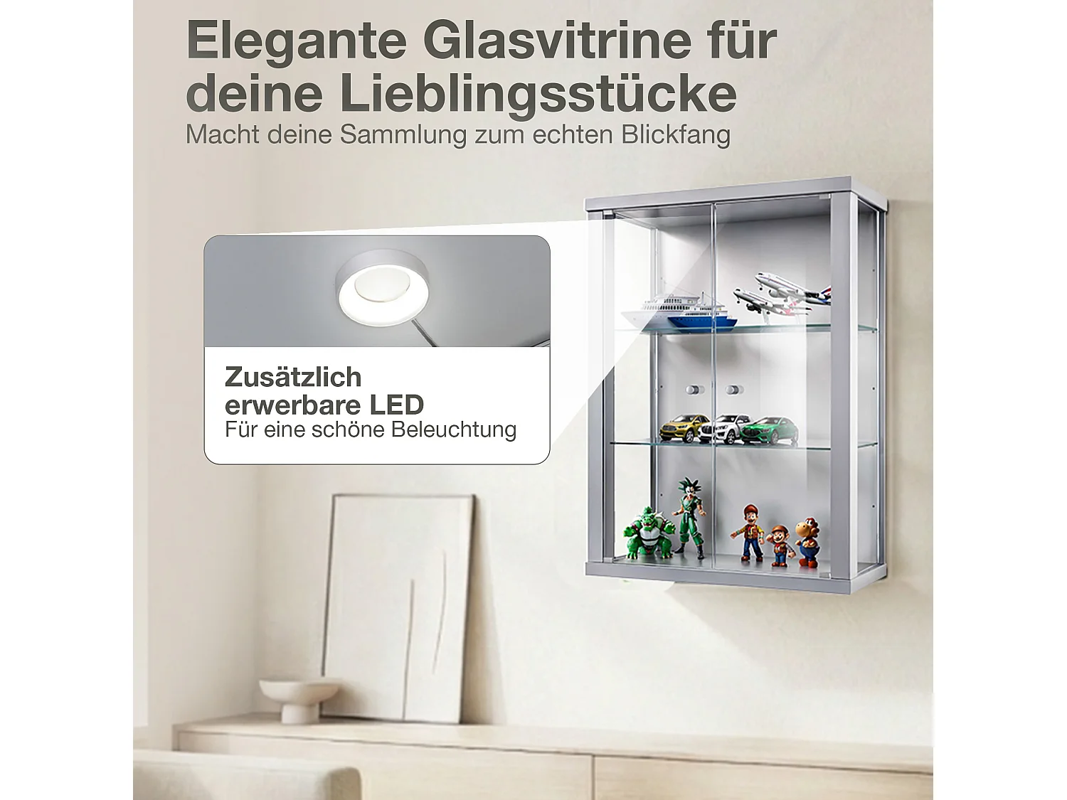Vitrine suspendue avec 2 portes & 2 étagères en verre réglables en hauteur - 80x60x25 cm - Argenté