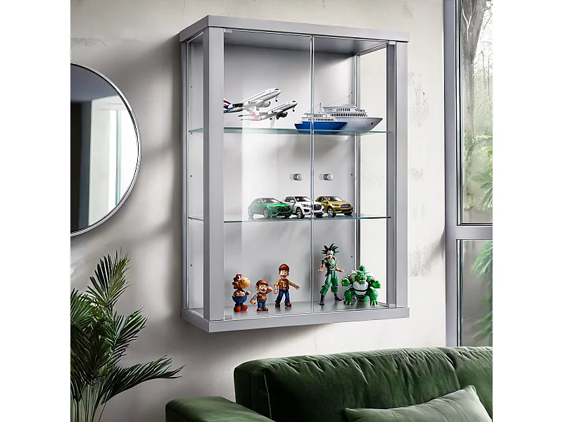 Vitrine suspendue avec 2 portes & 2 étagères en verre réglables en hauteur - 80x60x25 cm - Argenté