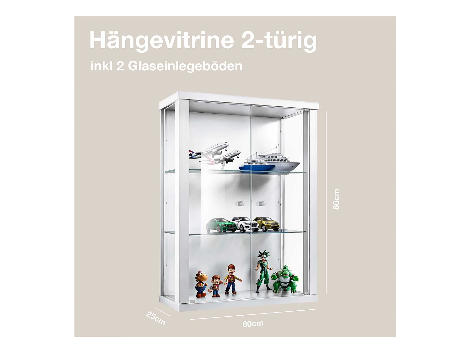 Wandvitrine met 2 deuren & 2 in hoogte verstelbare glasplanken - 80x60x25 cm - Wit