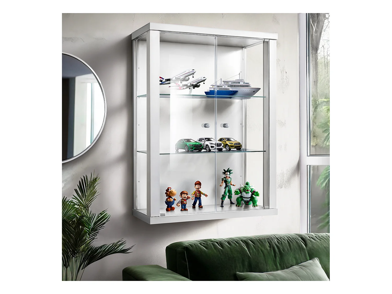 Vitrine suspendue avec 2 portes & 2 étagères en verre réglables en hauteur - 80x60x25 cm - Blanc