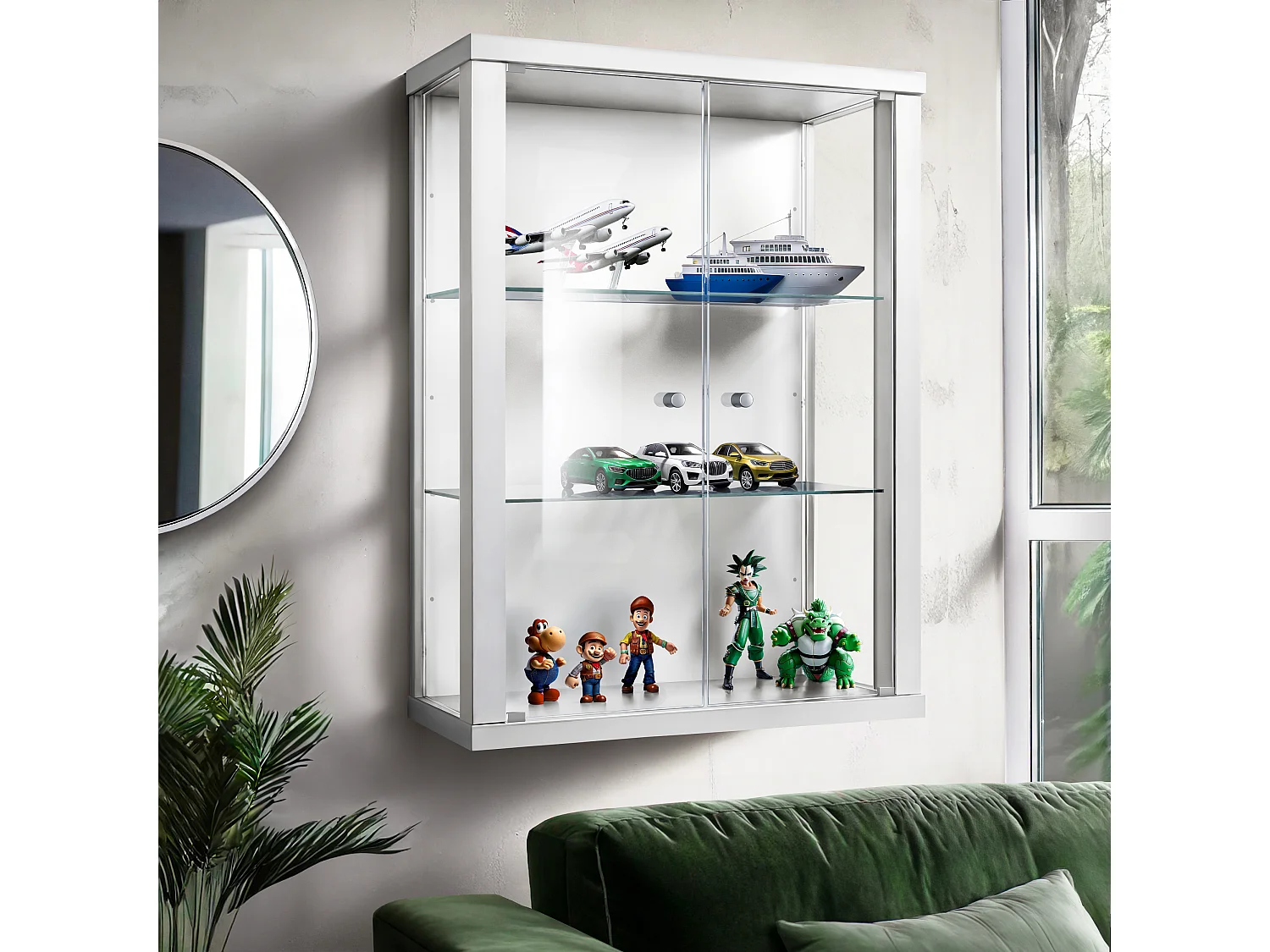 Vitrine suspendue avec 2 portes & 2 étagères en verre réglables en hauteur - 80x60x25 cm - Blanc