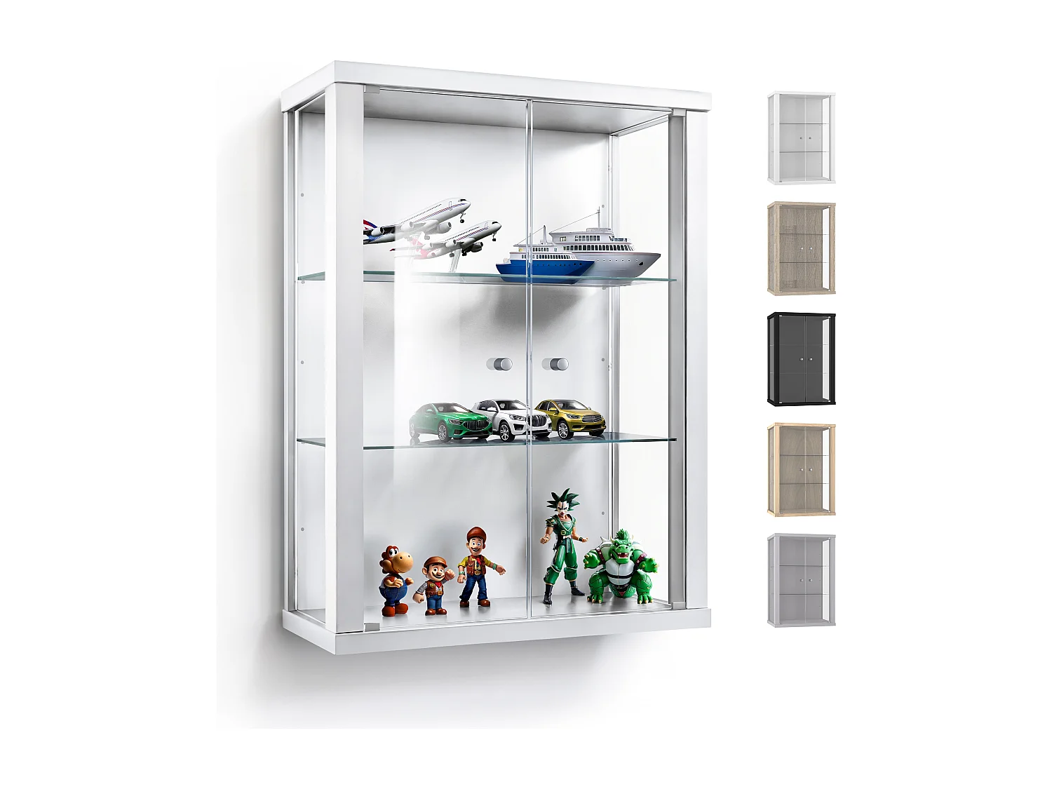 Vitrine suspendue avec 2 portes & 2 étagères en verre réglables en hauteur - 80x60x25 cm - Blanc