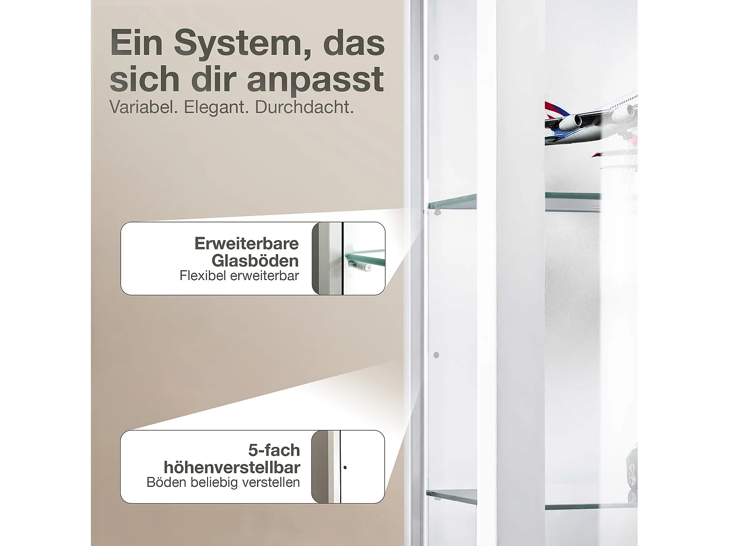 Vitrine suspendue avec 2 portes & 2 étagères en verre réglables en hauteur - 80x60x25 cm - Blanc