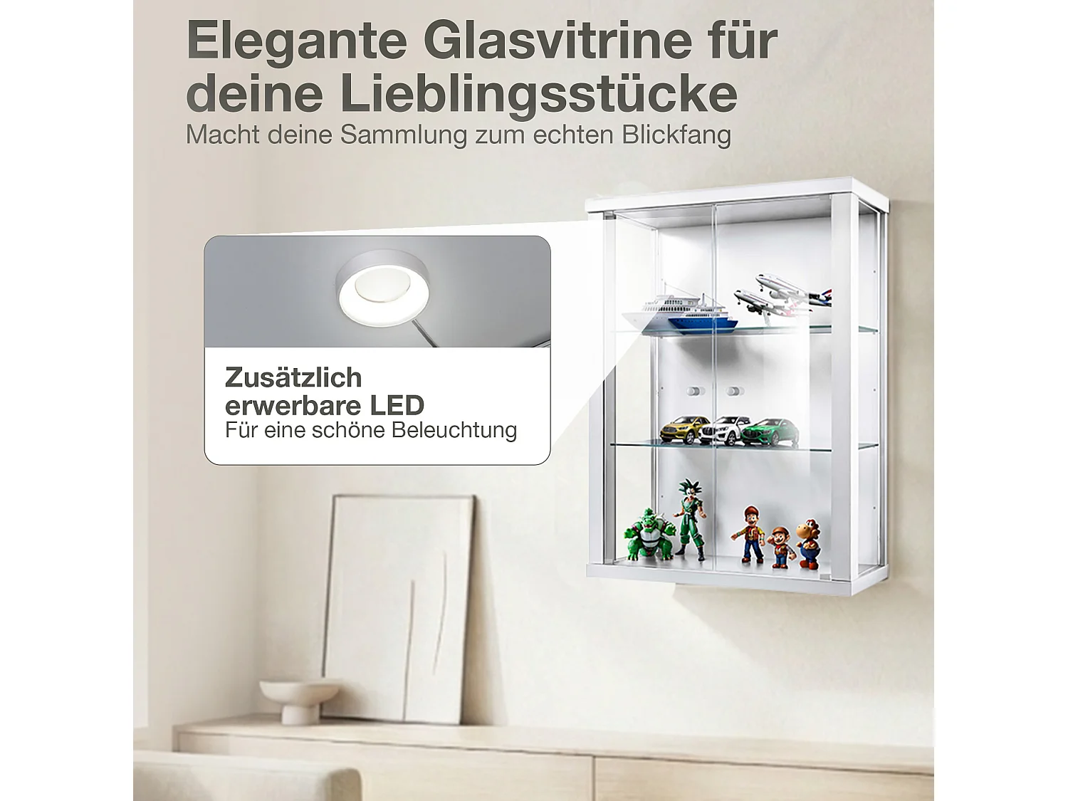 Vitrine suspendue avec 2 portes & 2 étagères en verre réglables en hauteur - 80x60x25 cm - Blanc