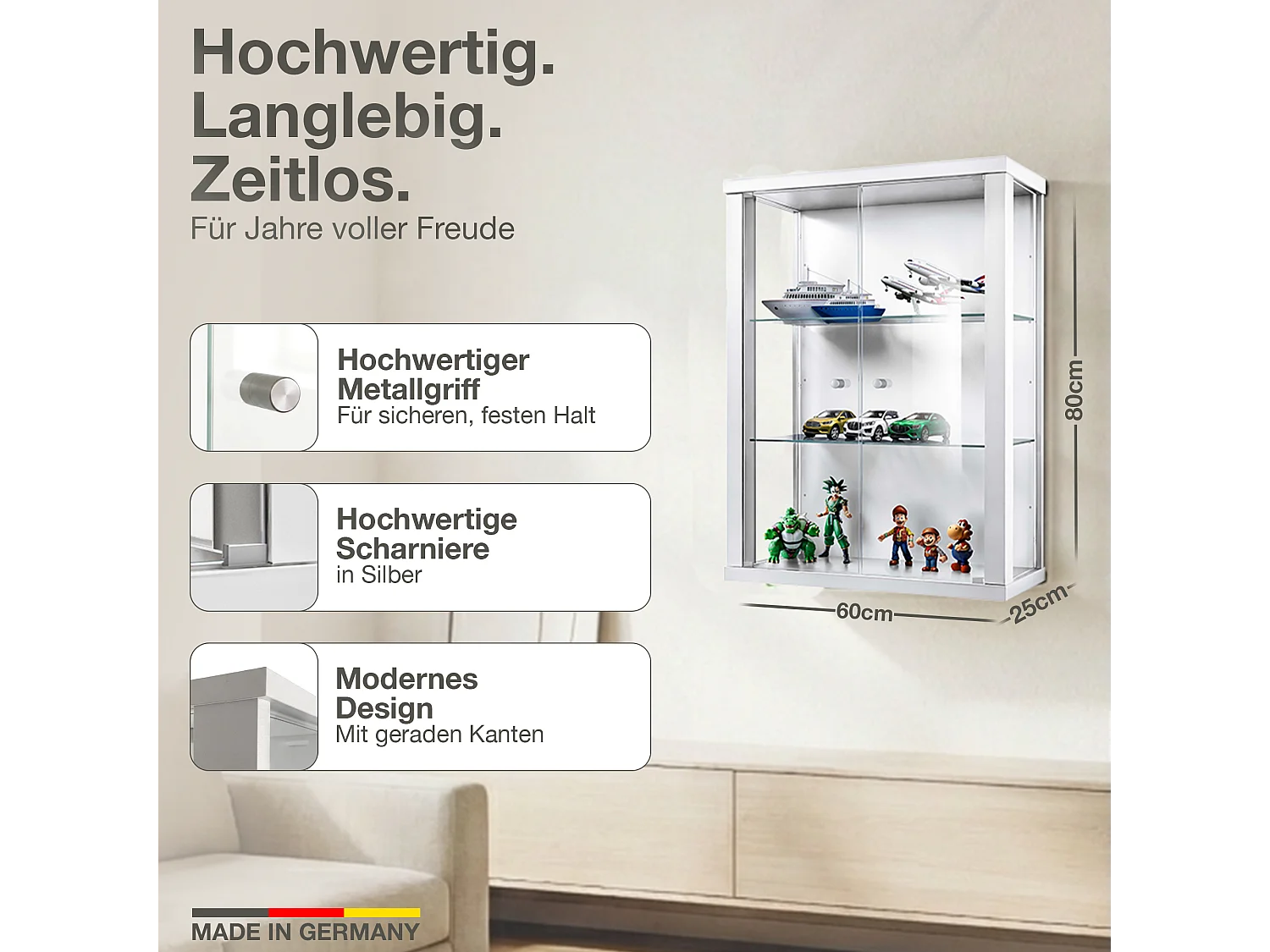 Wandvitrine met 2 deuren & 2 in hoogte verstelbare glasplanken - 80x60x25 cm - Wit