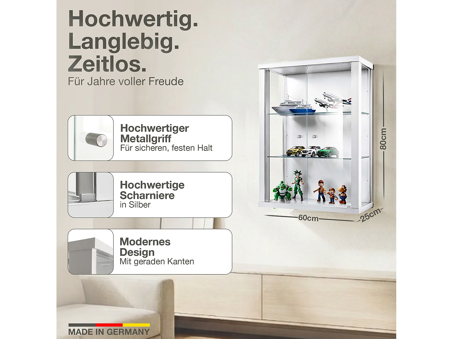Vitrine suspendue avec 2 portes & 2 étagères en verre réglables en hauteur - 80x60x25 cm - Blanc