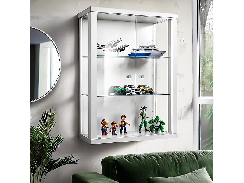 Vitrine suspendue avec 2 portes & 2 étagères en verre réglables en hauteur - 80x60x25 cm - Blanc