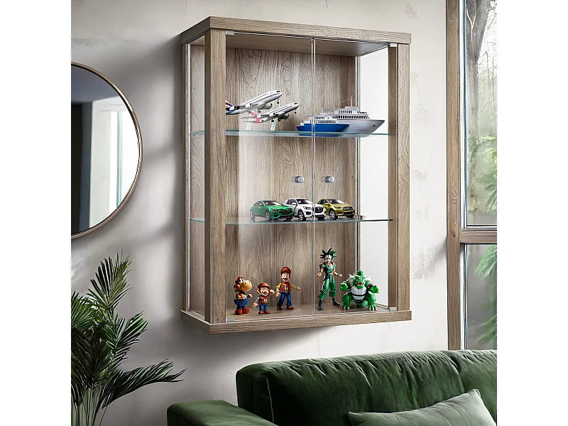Vitrine suspendue avec 2 portes & 2 étagères en verre réglables en hauteur - 80x60x25 cm - Chêne Sonoma