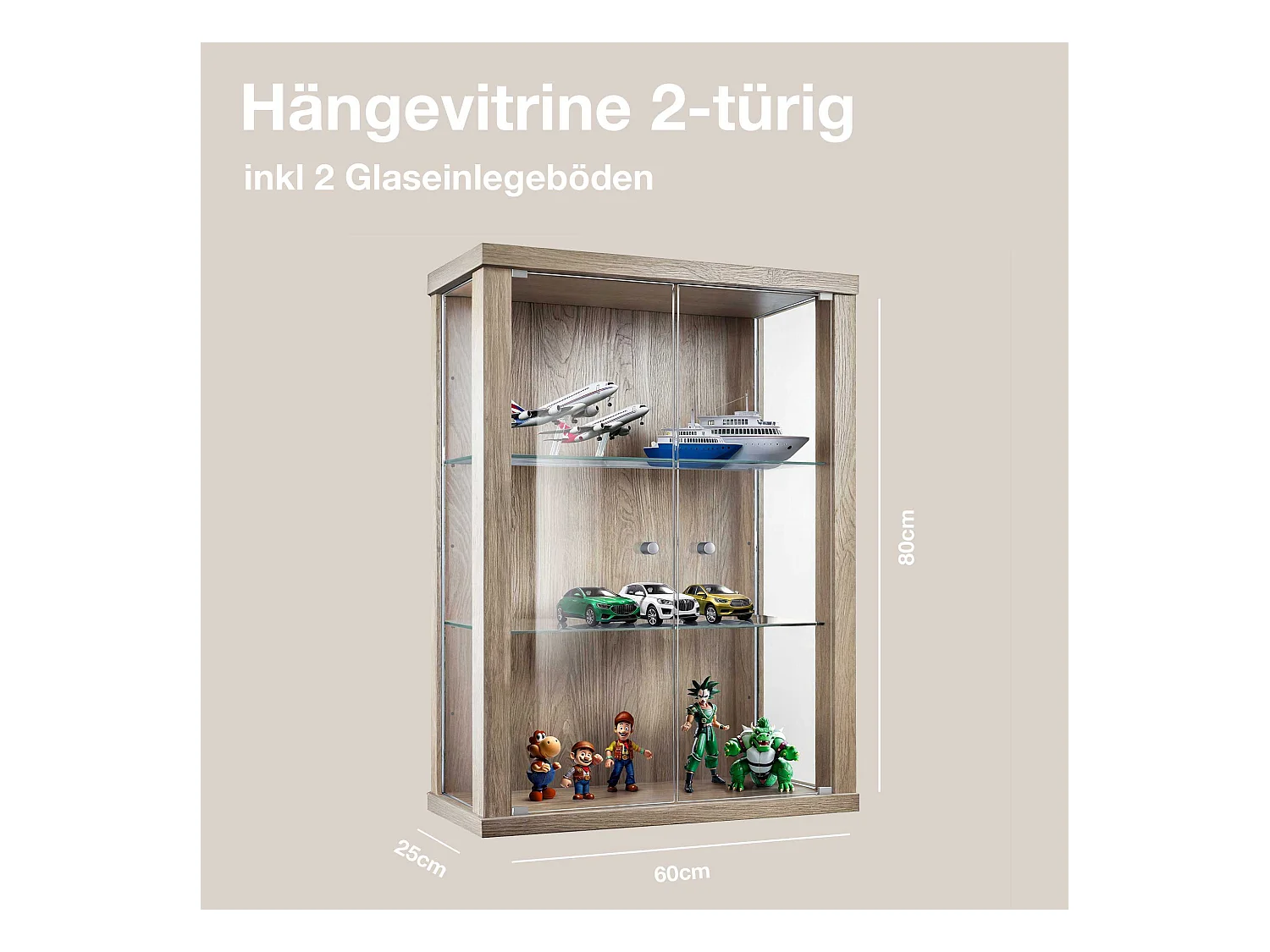 Wandvitrine met 2 deuren & 2 in hoogte verstelbare glasplanken - 80x60x25 cm - Sonoma eiken