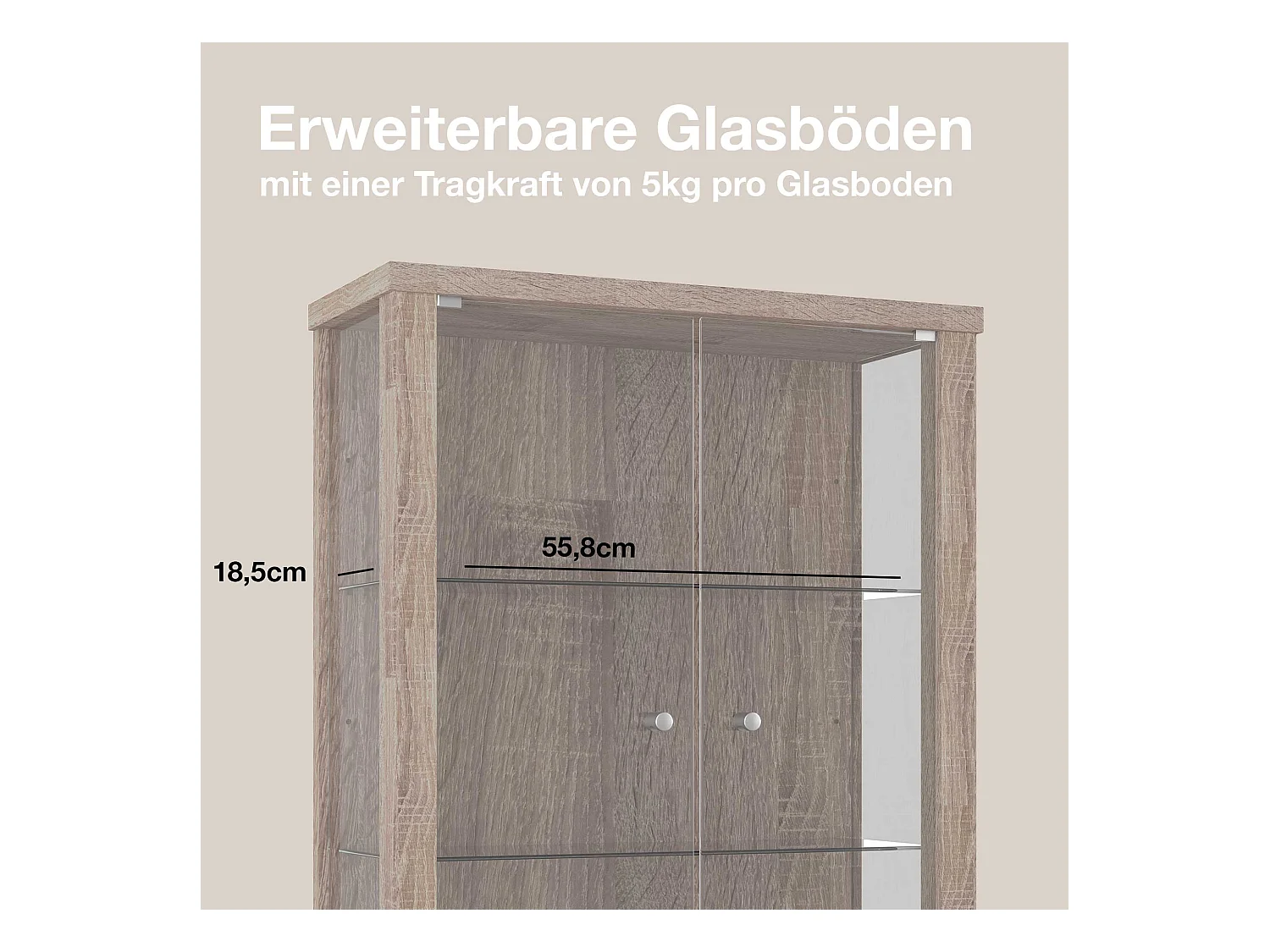 Wandvitrine met 2 deuren & 2 in hoogte verstelbare glasplanken - 80x60x25 cm - Sonoma eiken