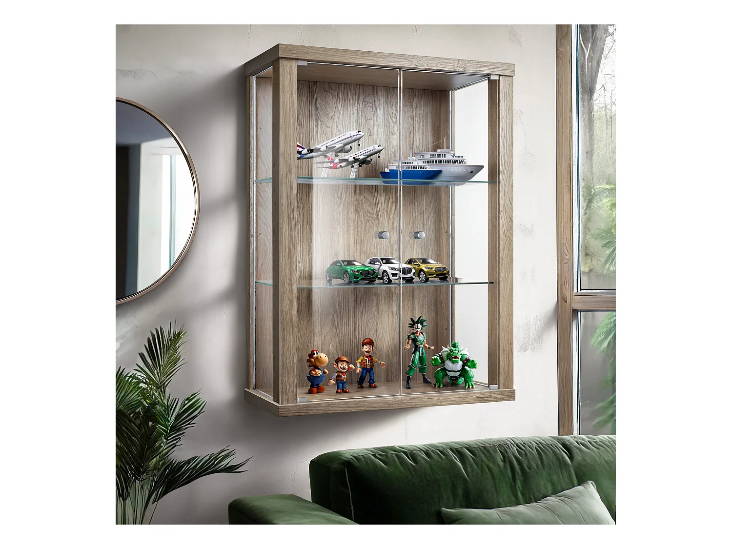 Vitrine suspendue avec 2 portes & 2 étagères en verre réglables en hauteur - 80x60x25 cm - Chêne Sonoma