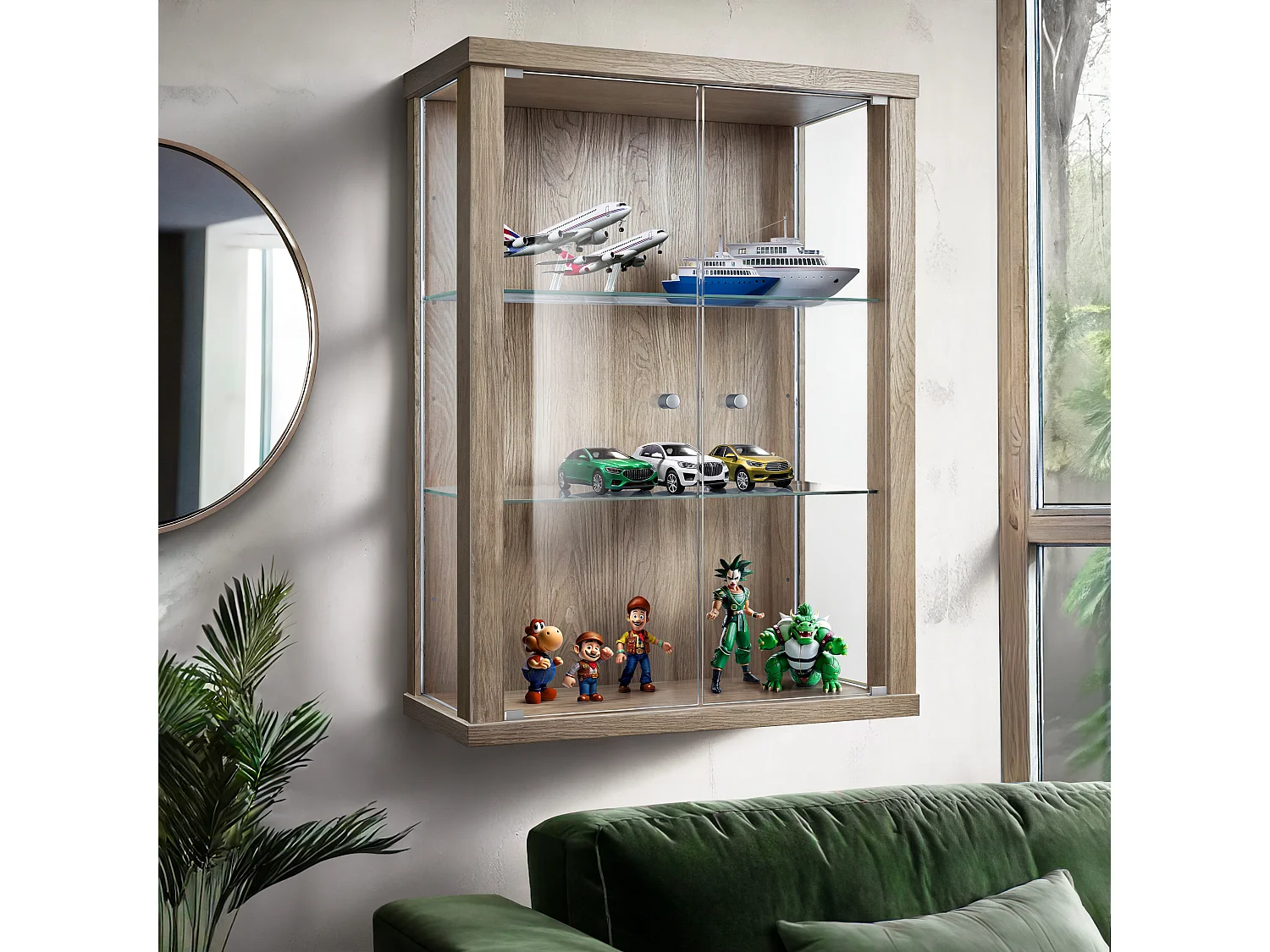 Vitrine suspendue avec 2 portes & 2 étagères en verre réglables en hauteur - 80x60x25 cm - Chêne Sonoma
