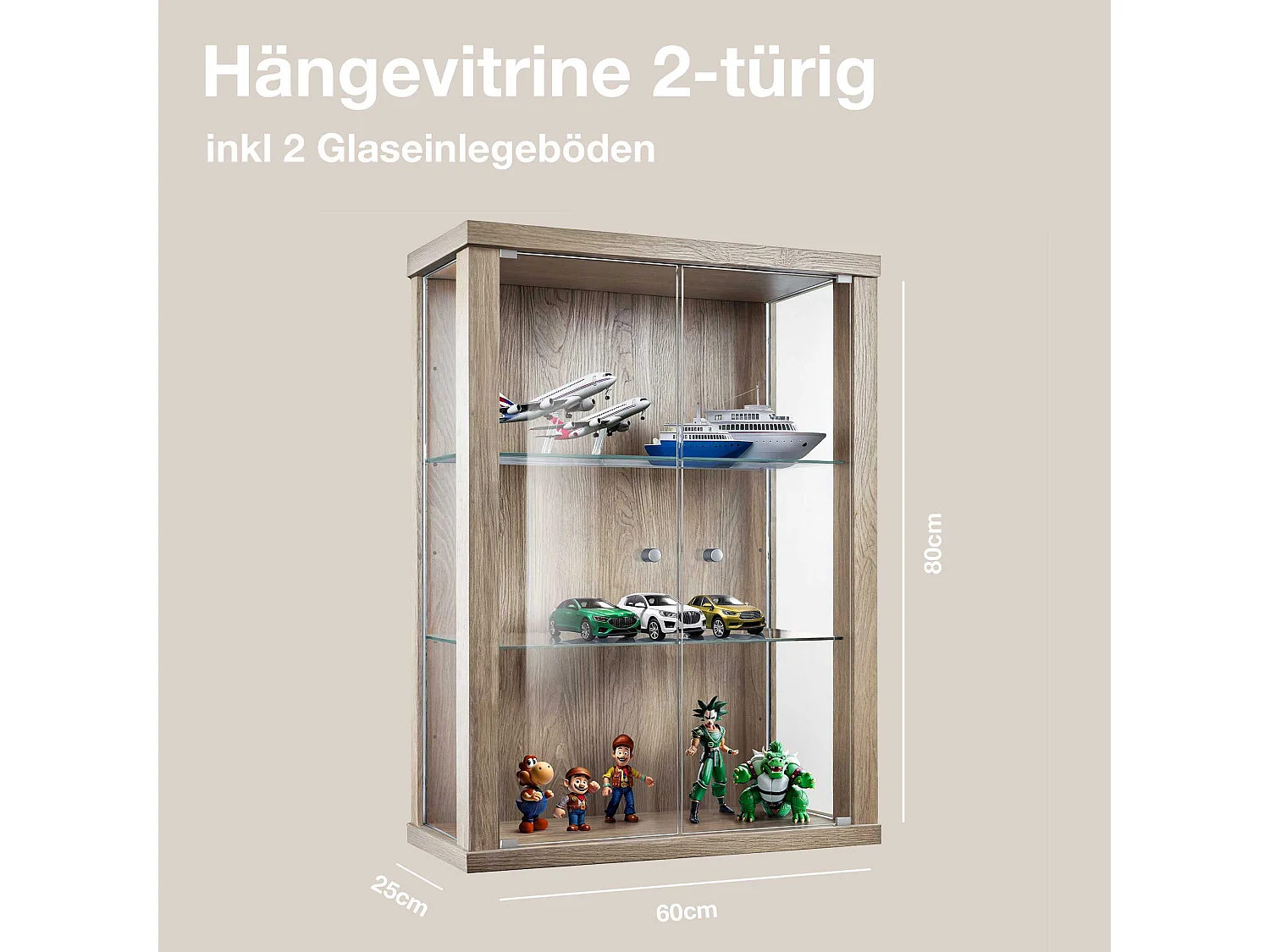 Vitrine suspendue avec 2 portes & 2 étagères en verre réglables en hauteur - 80x60x25 cm - Chêne Sonoma