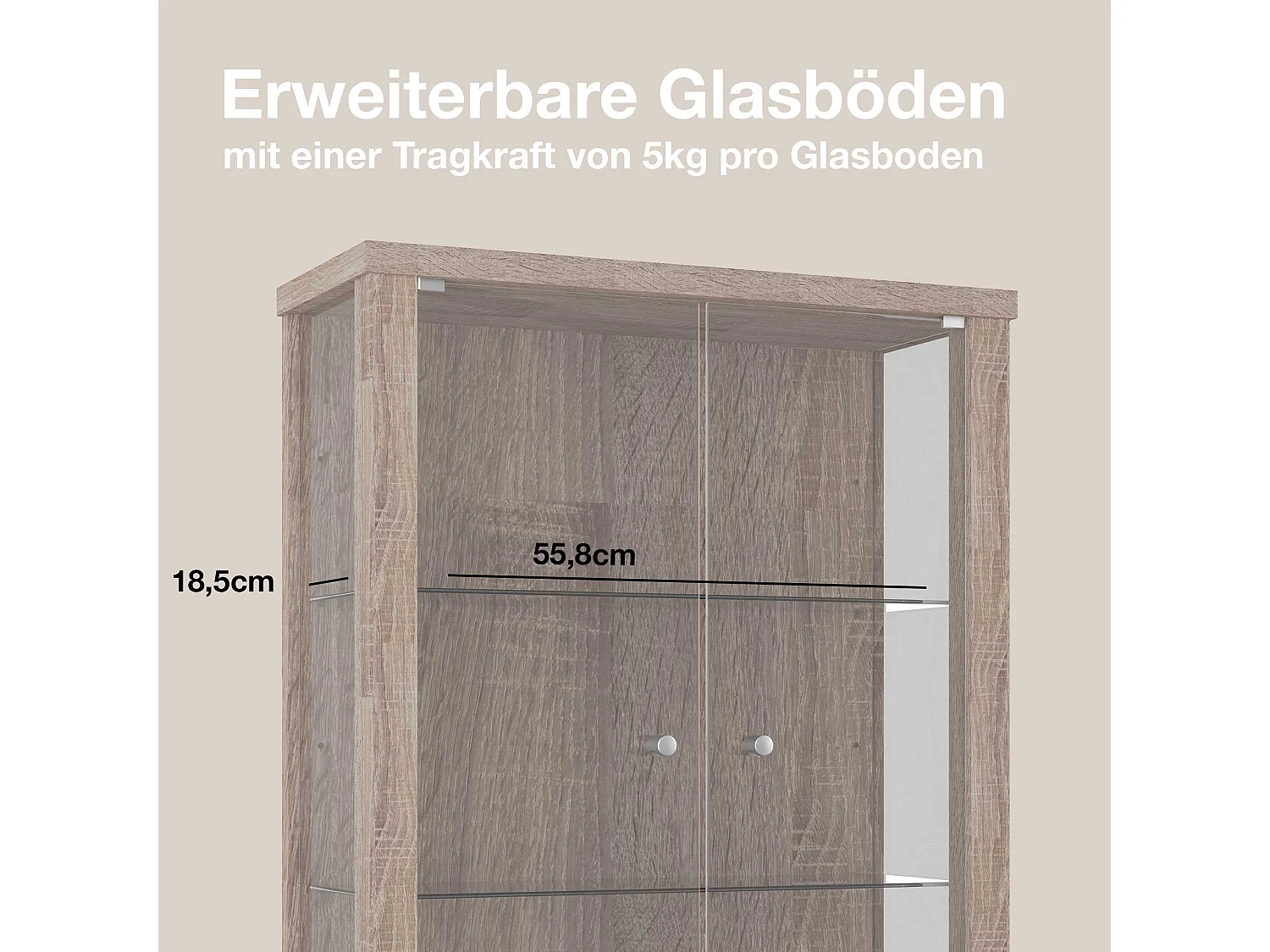 Vitrine suspendue avec 2 portes & 2 étagères en verre réglables en hauteur - 80x60x25 cm - Chêne Sonoma