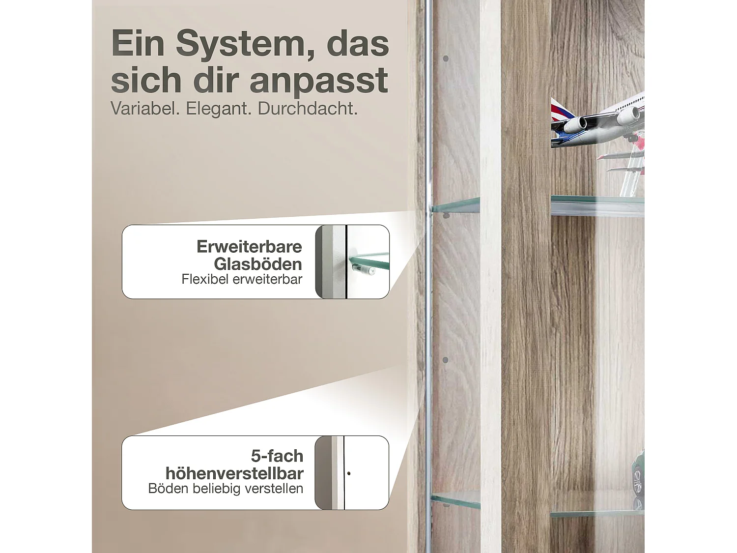 Hängevitrine mit 2 Türen & 2 Höhenverstellbaren Glasböden - 80x60x25 cm - Sonoma Eiche