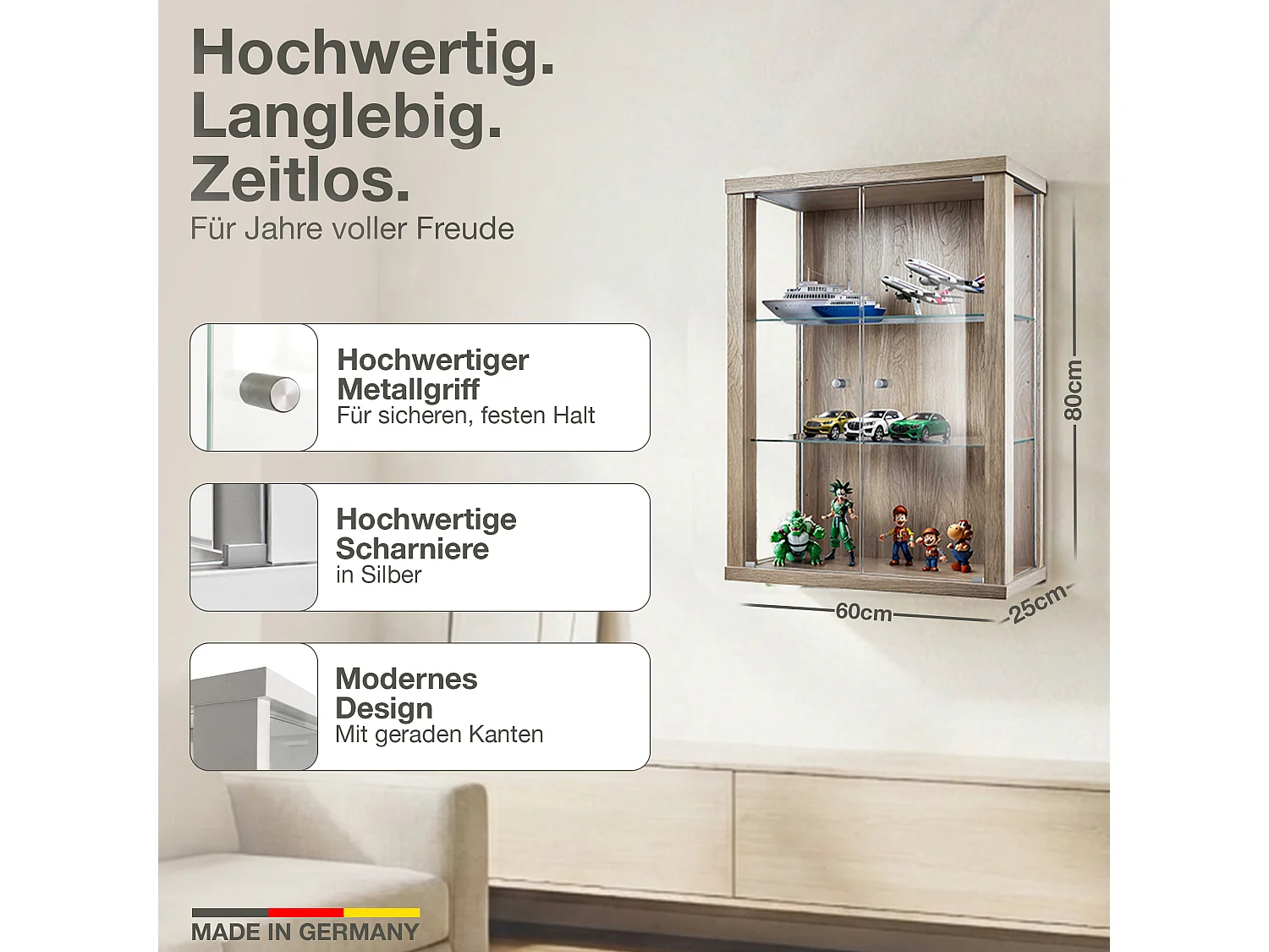 Vitrine suspendue avec 2 portes & 2 étagères en verre réglables en hauteur - 80x60x25 cm - Chêne Sonoma