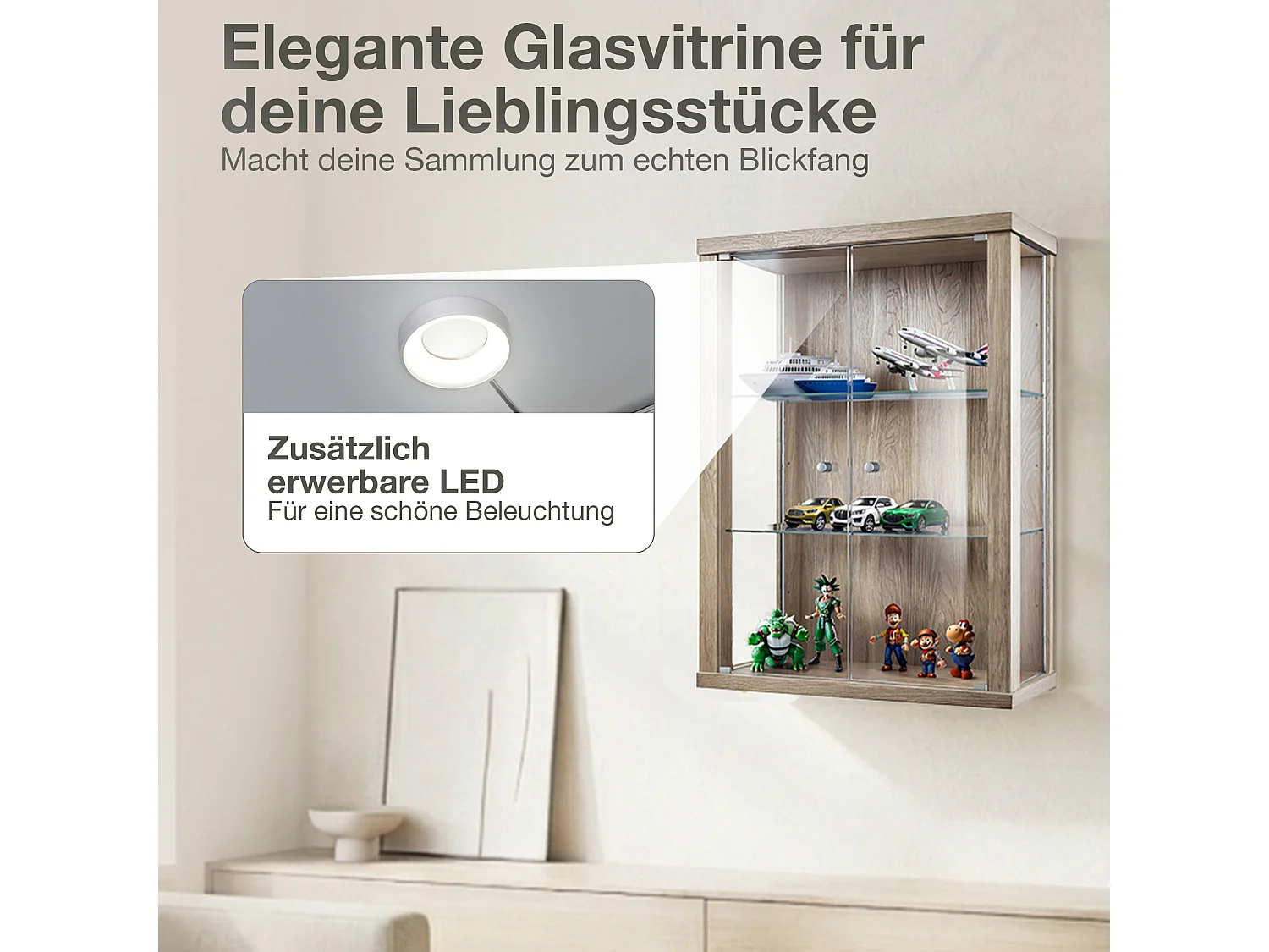 Vitrine suspendue avec 2 portes & 2 étagères en verre réglables en hauteur - 80x60x25 cm - Chêne Sonoma
