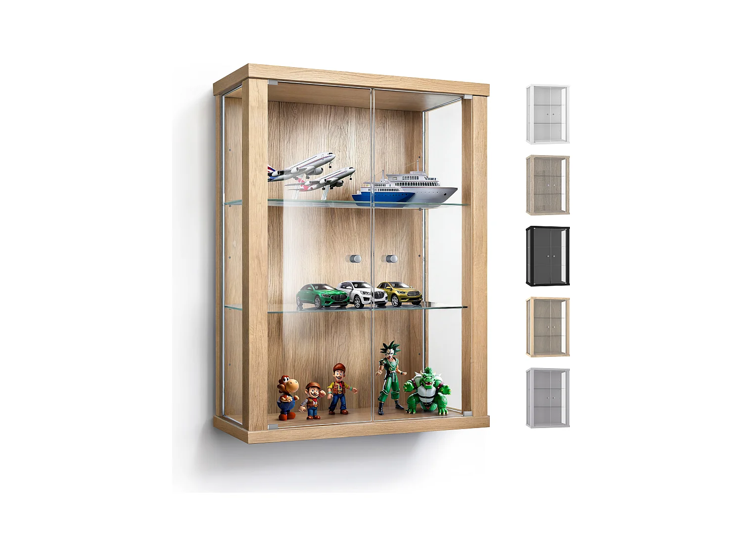 Hängevitrine mit 2 Türen & 2 Höhenverstellbaren Glasböden - 80x60x25 cm - Buchefarben