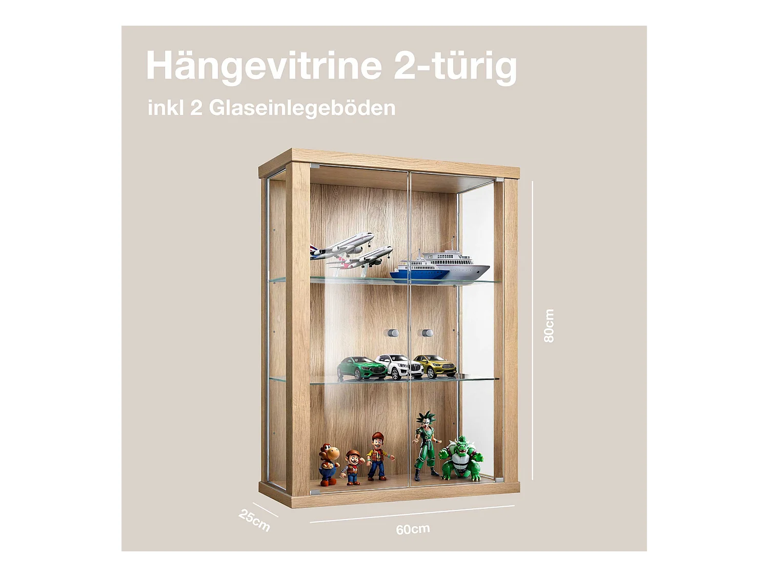 Hängevitrine mit 2 Türen & 2 Höhenverstellbaren Glasböden - 80x60x25 cm - Buchefarben