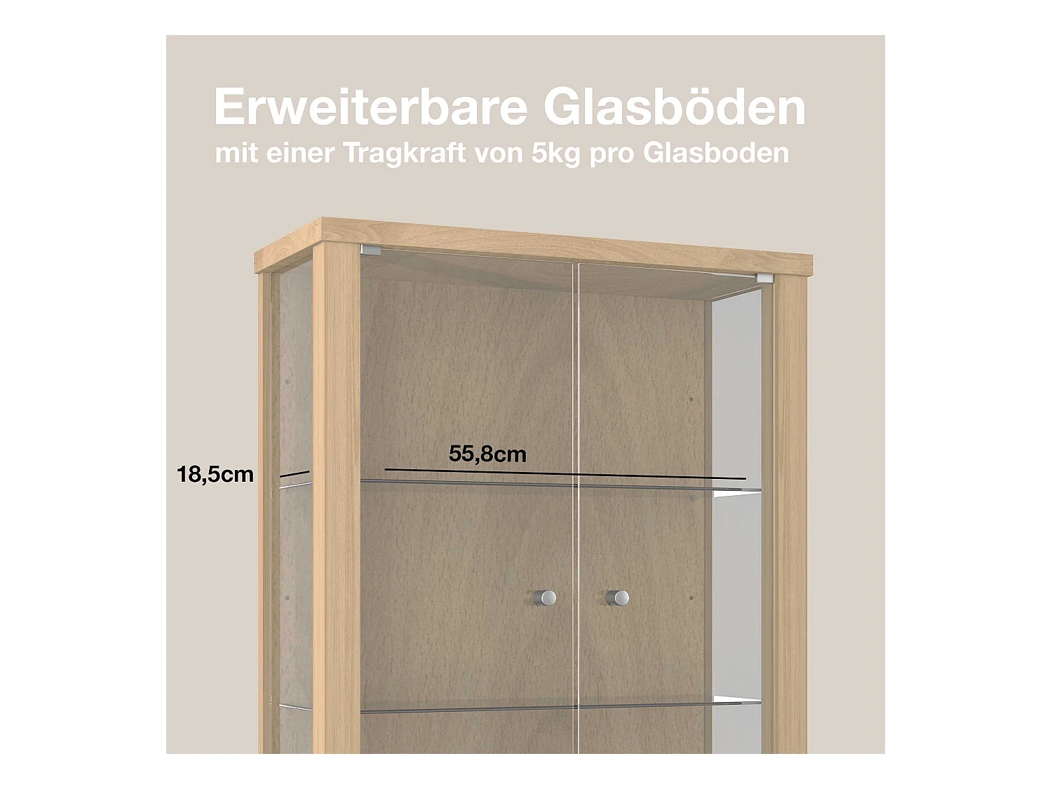 Hängevitrine mit 2 Türen & 2 Höhenverstellbaren Glasböden - 80x60x25 cm - Buchefarben