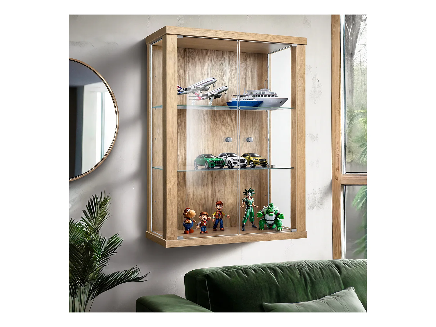 Vitrine suspendue avec 2 portes & 2 étagères en verre réglables en hauteur - 80x60x25 cm - Couleur hêtre