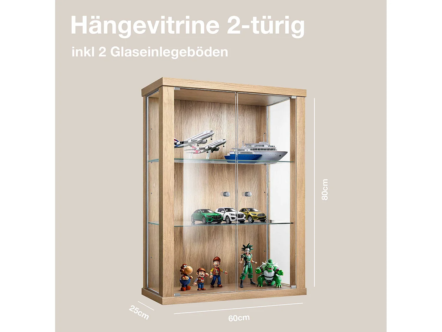 Vitrine suspendue avec 2 portes & 2 étagères en verre réglables en hauteur - 80x60x25 cm - Couleur hêtre