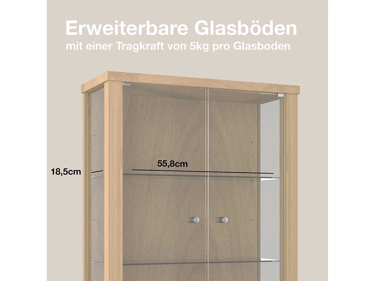 Vitrine suspendue avec 2 portes & 2 étagères en verre réglables en hauteur - 80x60x25 cm - Couleur hêtre