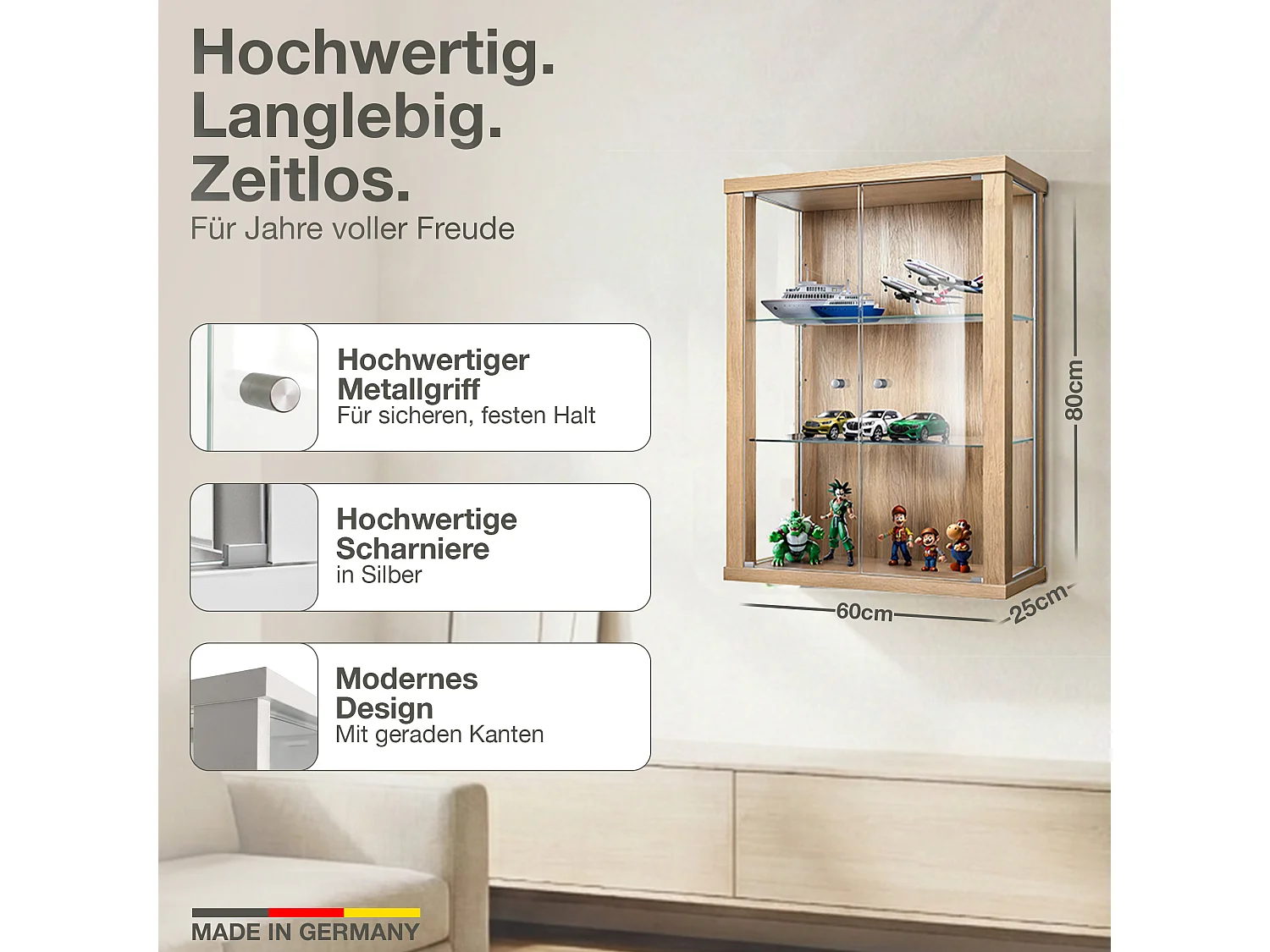 Vitrine suspendue avec 2 portes & 2 étagères en verre réglables en hauteur - 80x60x25 cm - Couleur hêtre