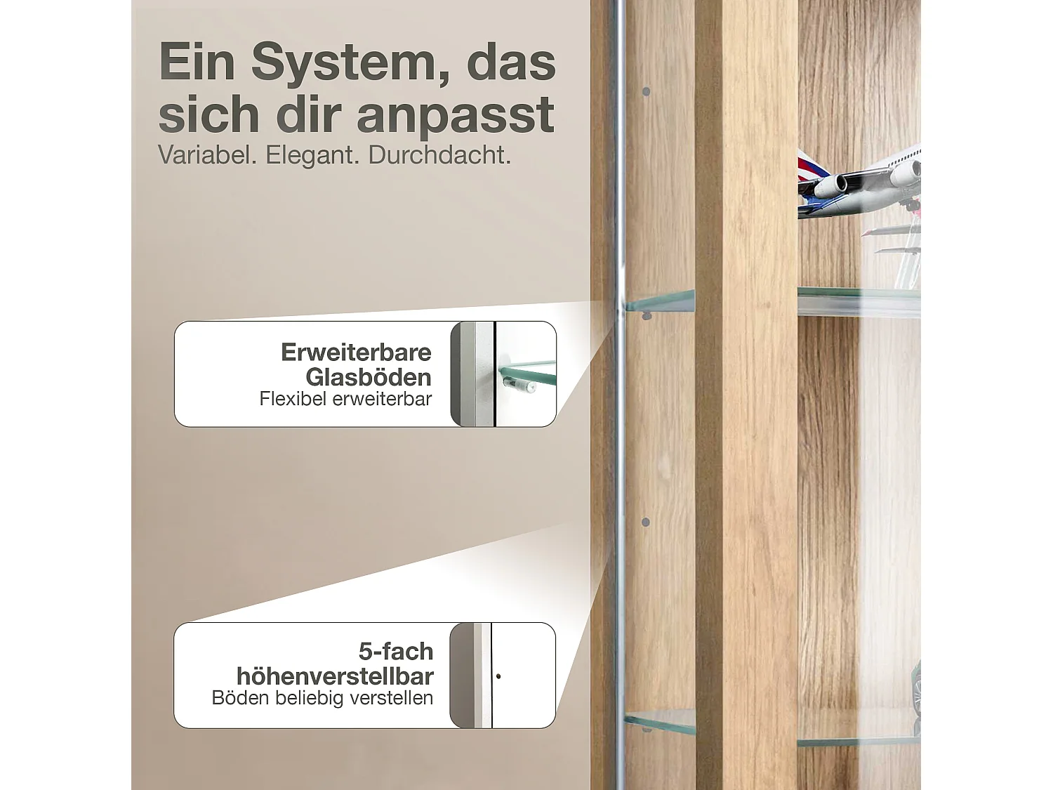 Vitrine suspendue avec 2 portes & 2 étagères en verre réglables en hauteur - 80x60x25 cm - Couleur hêtre