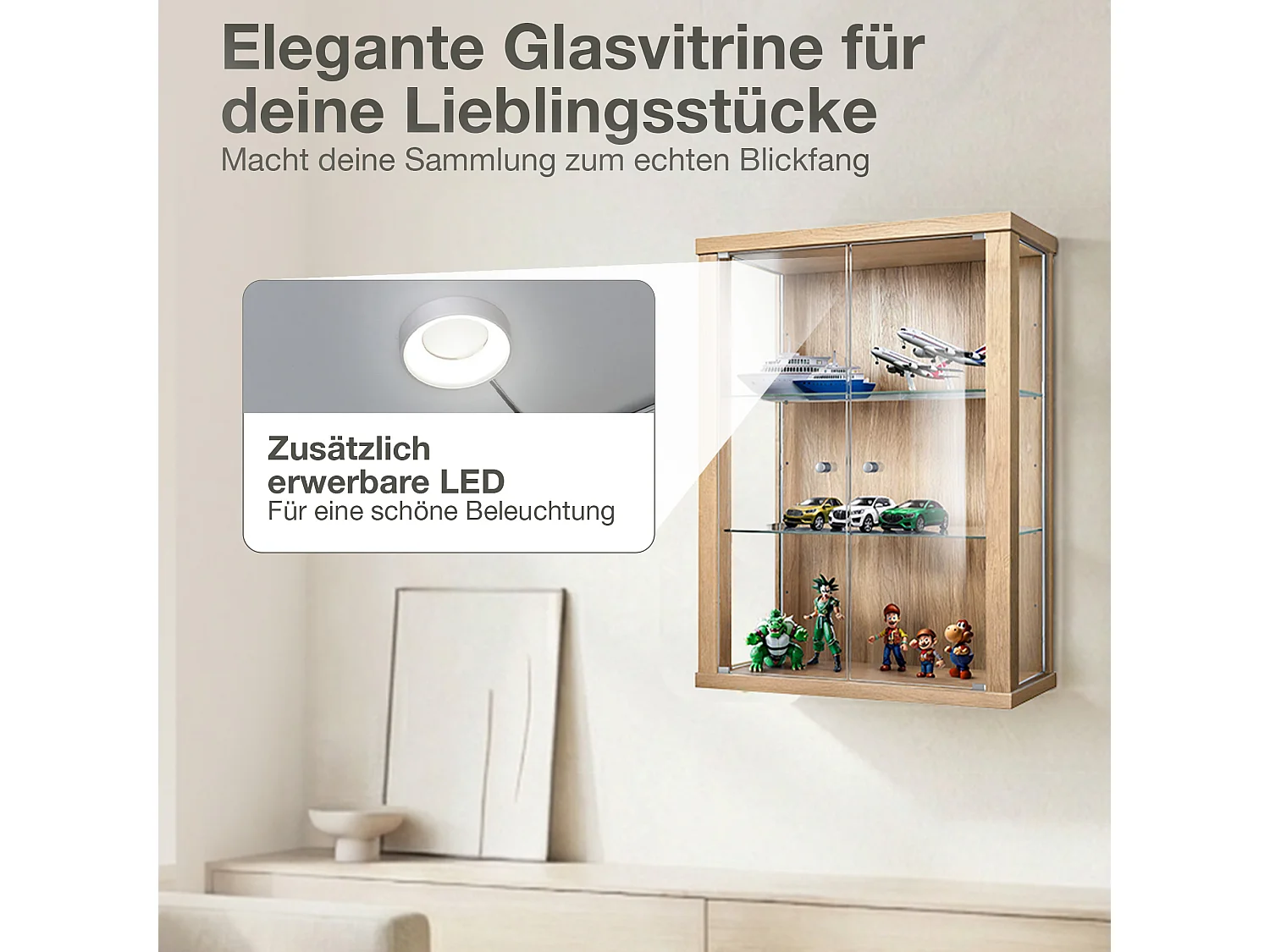 Vitrine suspendue avec 2 portes & 2 étagères en verre réglables en hauteur - 80x60x25 cm - Couleur hêtre