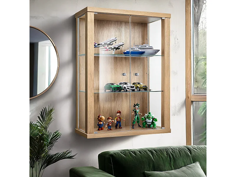 Vitrine suspendue avec 2 portes & 2 étagères en verre réglables en hauteur - 80x60x25 cm - Couleur hêtre