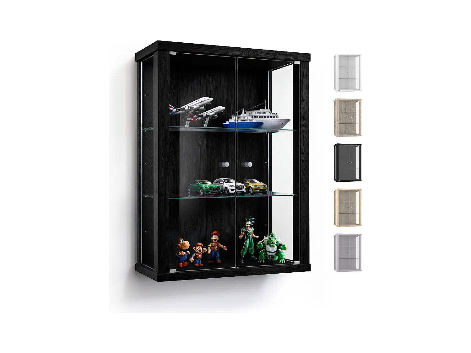 Wandvitrine met 2 deuren & 2 in hoogte verstelbare glasplanken - 80x60x25 cm - Zwart