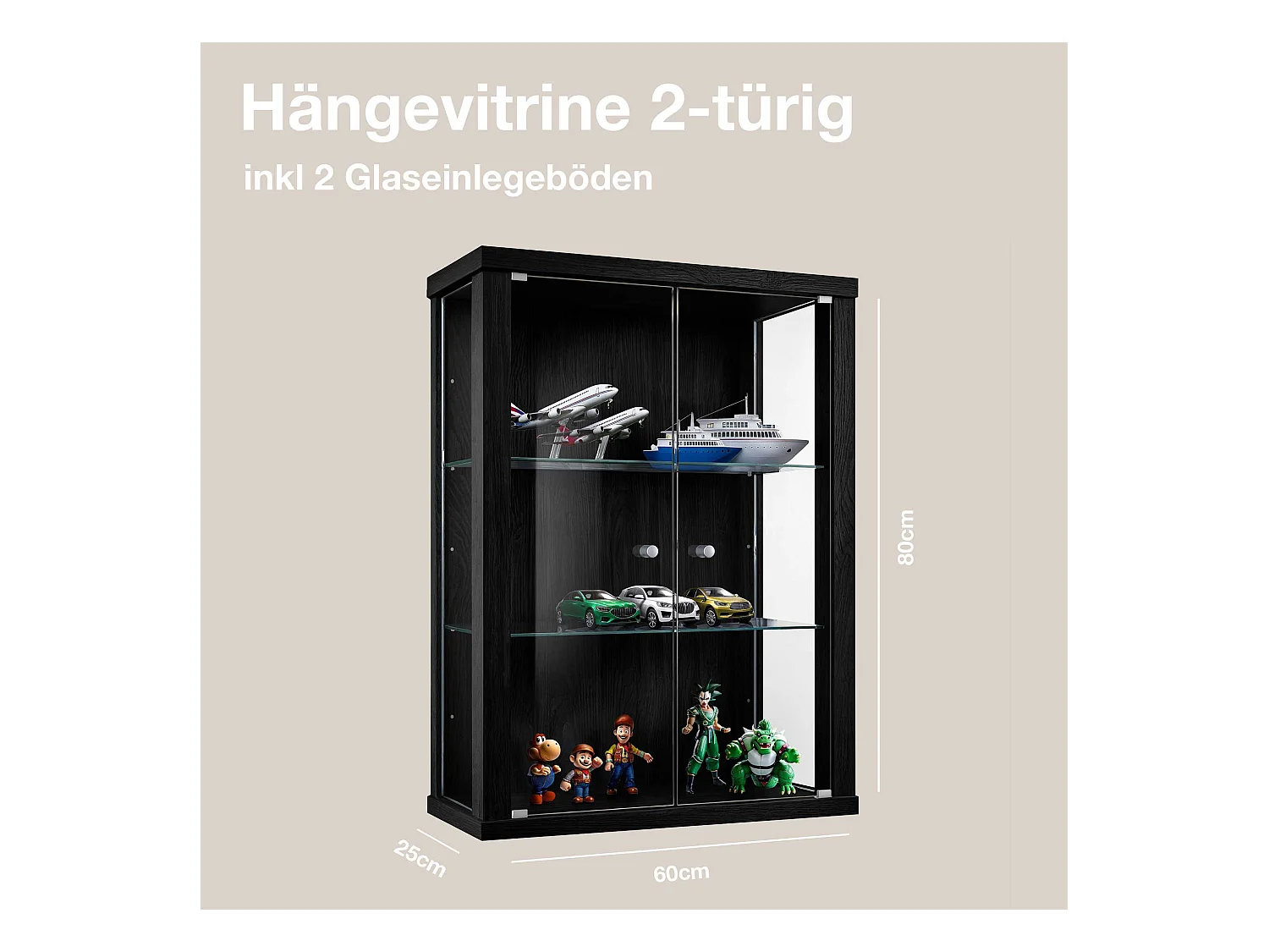 Wandvitrine met 2 deuren & 2 in hoogte verstelbare glasplanken - 80x60x25 cm - Zwart