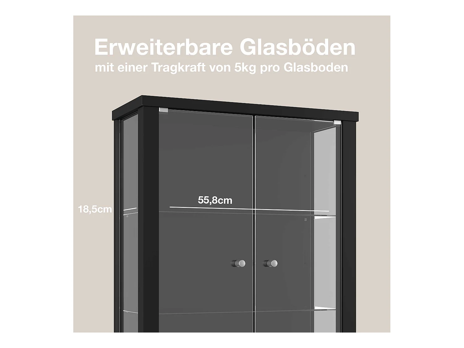 Wandvitrine met 2 deuren & 2 in hoogte verstelbare glasplanken - 80x60x25 cm - Zwart