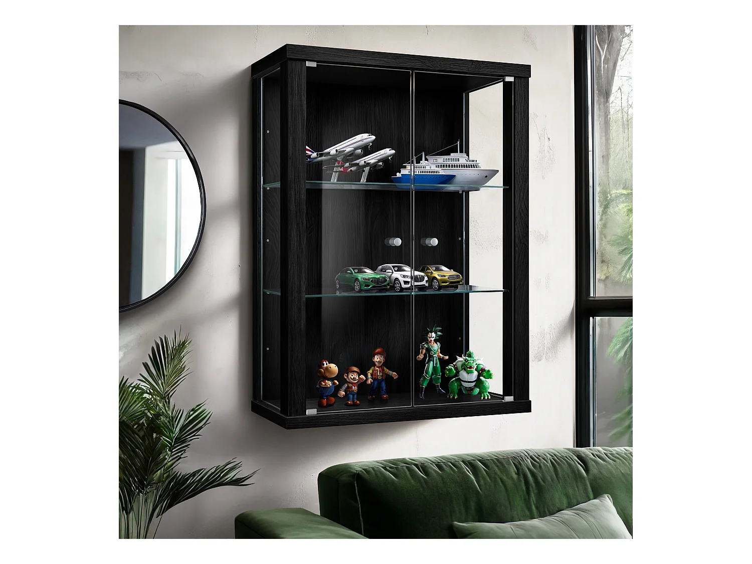 Vitrine suspendue avec 2 portes & 2 étagères en verre réglables en hauteur - 80x60x25 cm - Noir