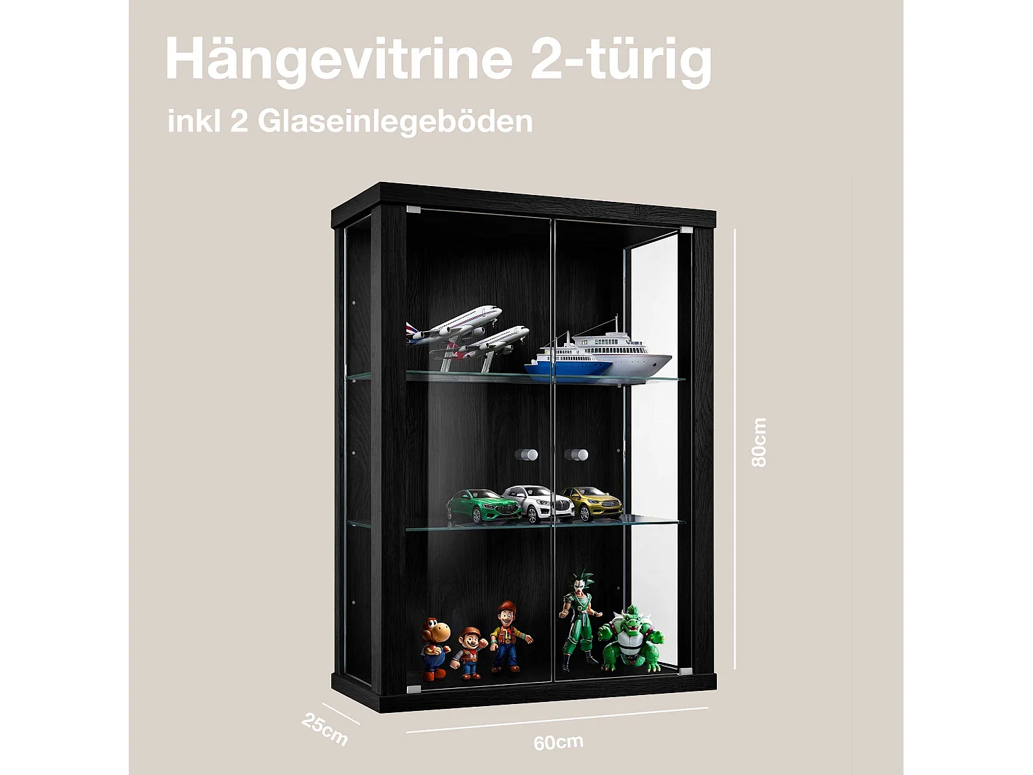 Vitrine suspendue avec 2 portes & 2 étagères en verre réglables en hauteur - 80x60x25 cm - Noir