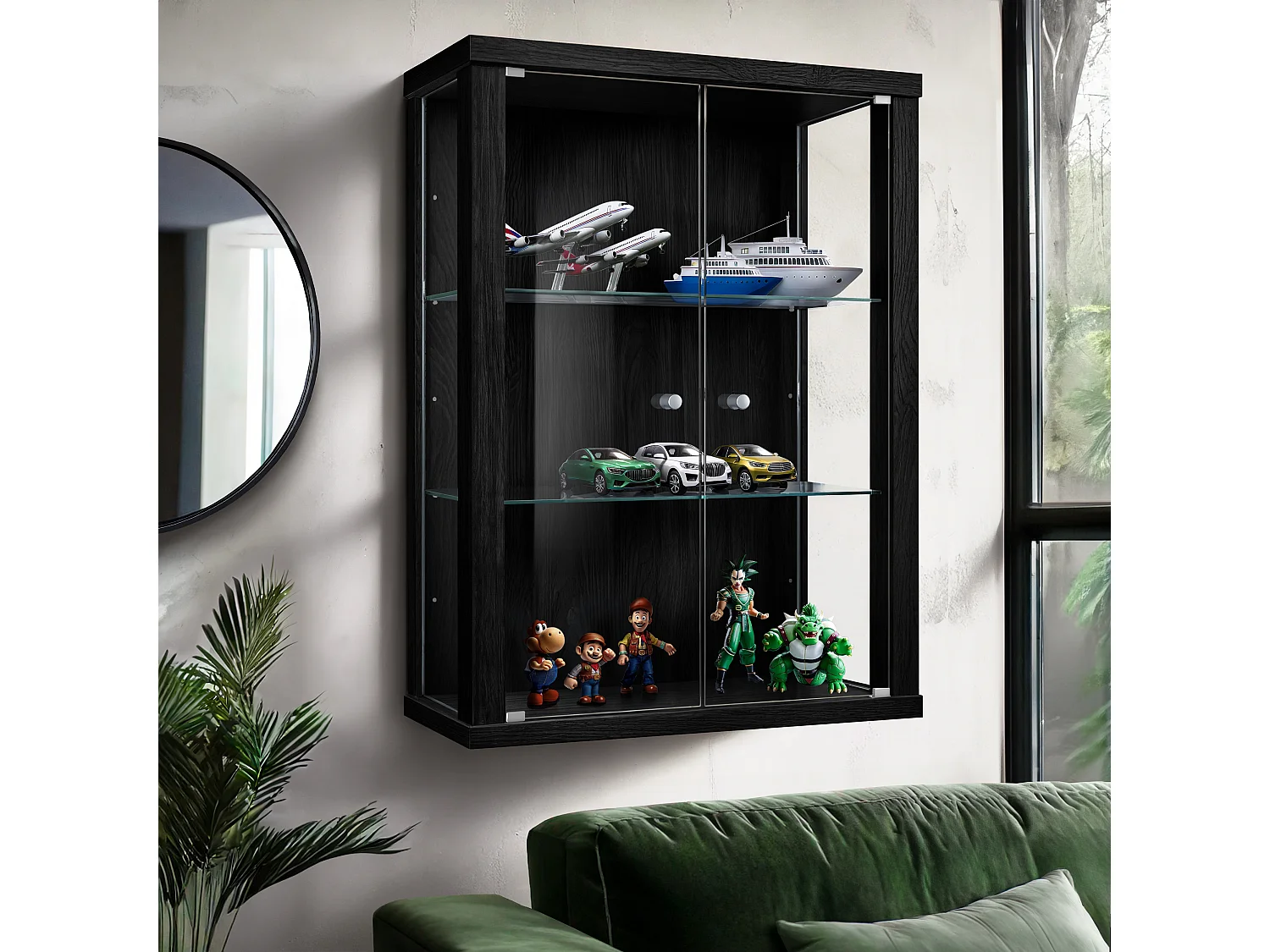 Vitrine suspendue avec 2 portes & 2 étagères en verre réglables en hauteur - 80x60x25 cm - Noir