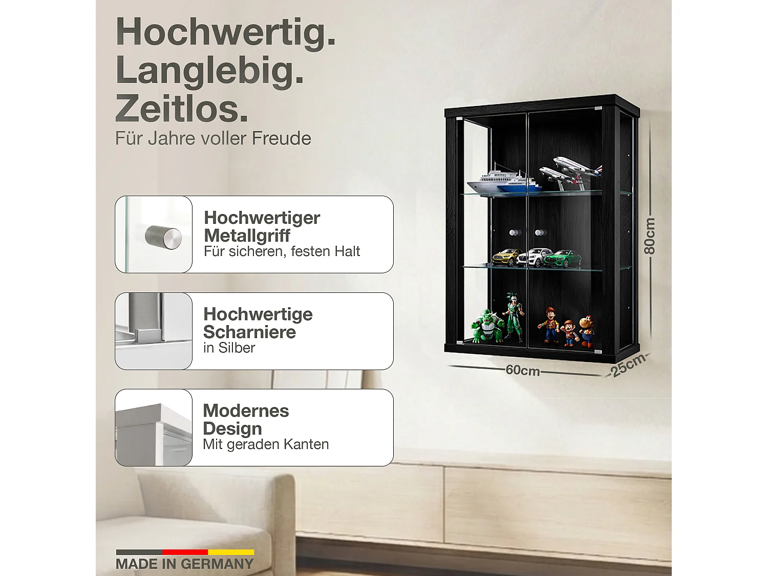 Vitrine suspendue avec 2 portes & 2 étagères en verre réglables en hauteur - 80x60x25 cm - Noir