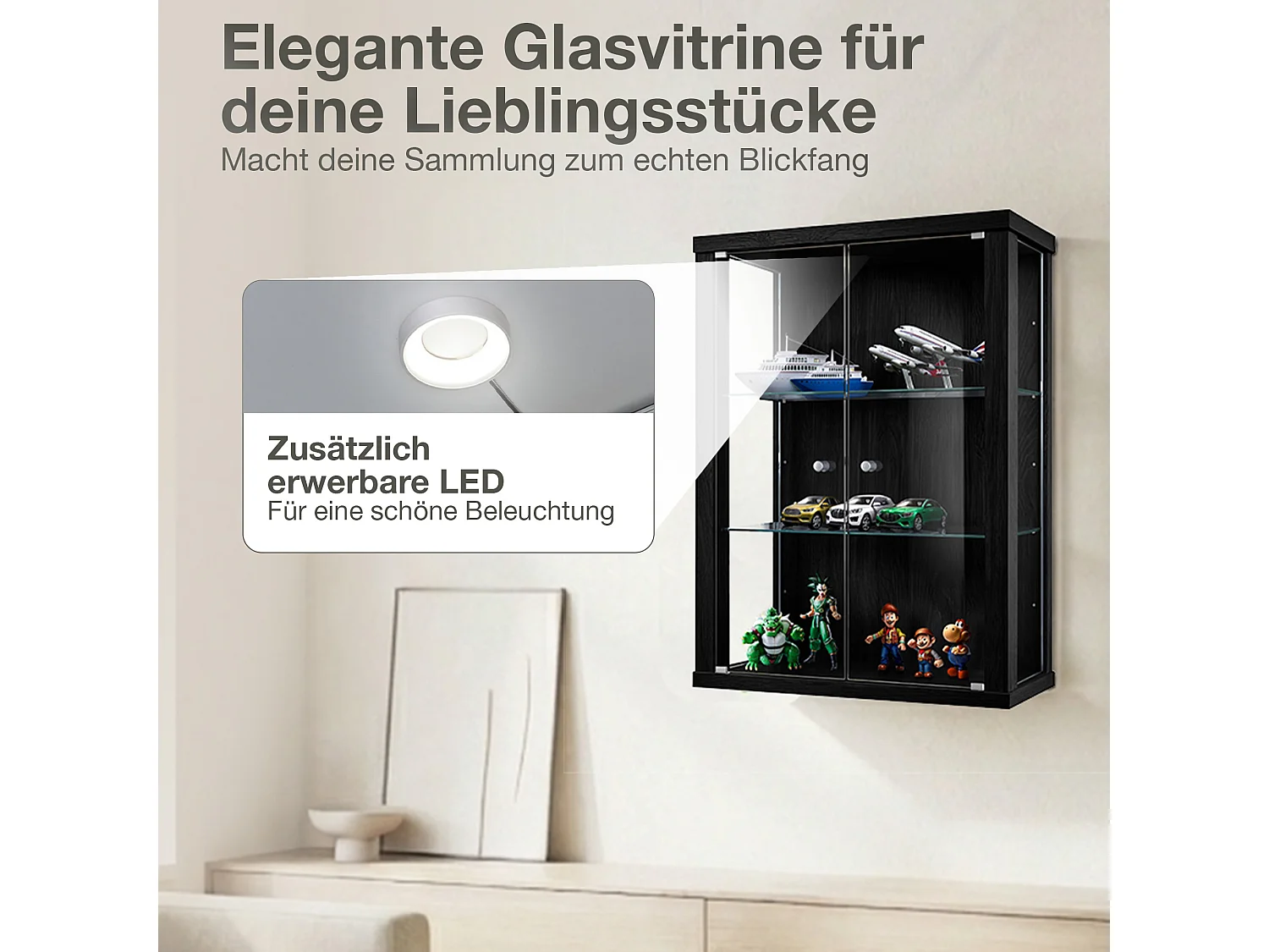 Vitrine suspendue avec 2 portes & 2 étagères en verre réglables en hauteur - 80x60x25 cm - Noir