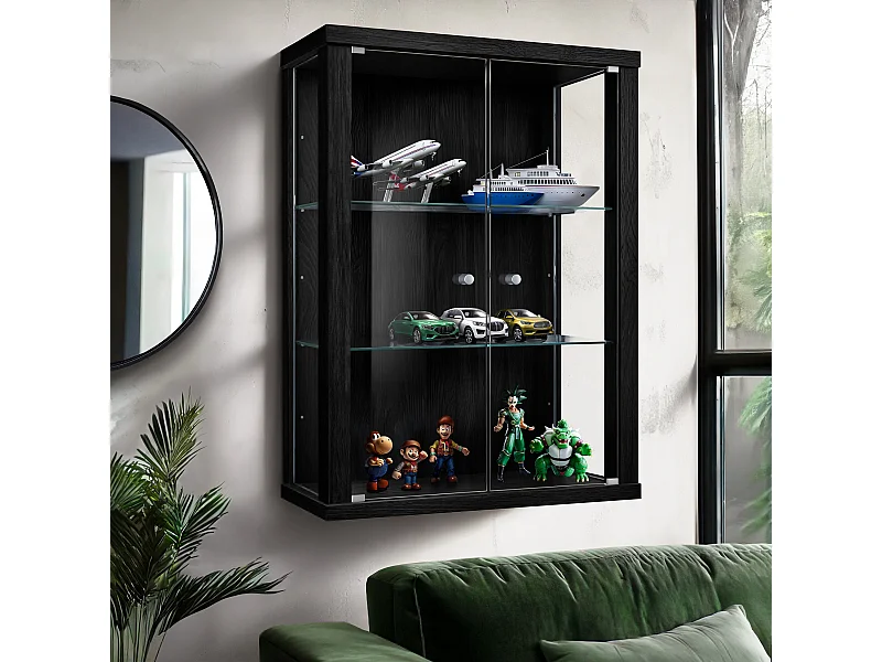 Vitrine suspendue avec 2 portes & 2 étagères en verre réglables en hauteur - 80x60x25 cm - Noir