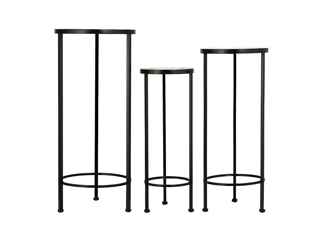 Conjunto de 3 suportes em mosaico preto e ferro forjado D30x68h-D25x57h-D20x51h cm