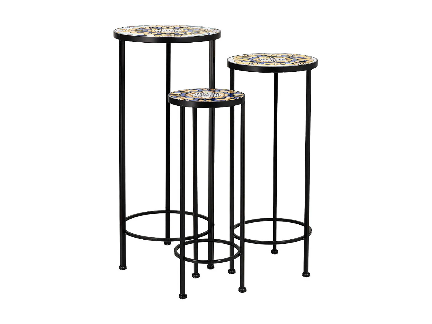 Conjunto de 3 suportes em mosaico preto e ferro forjado D30x68h-D25x57h-D20x51h cm