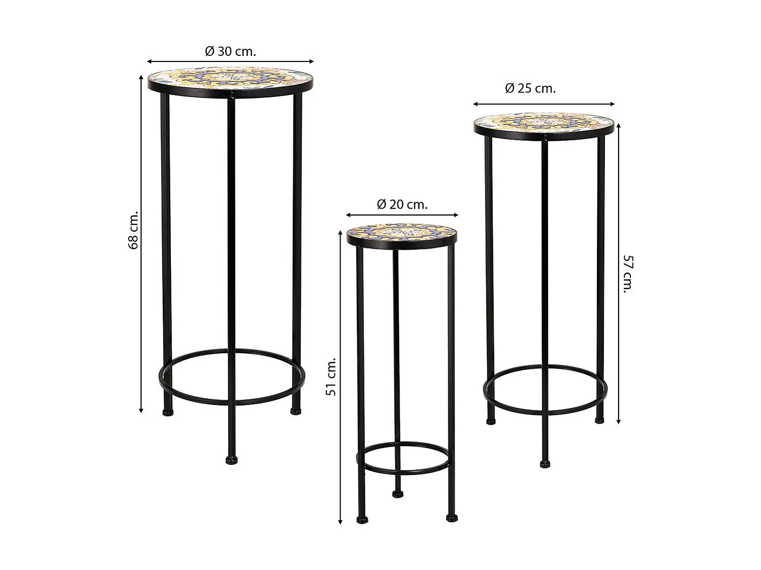 Conjunto de 3 suportes em mosaico preto e ferro forjado D30x68h-D25x57h-D20x51h cm