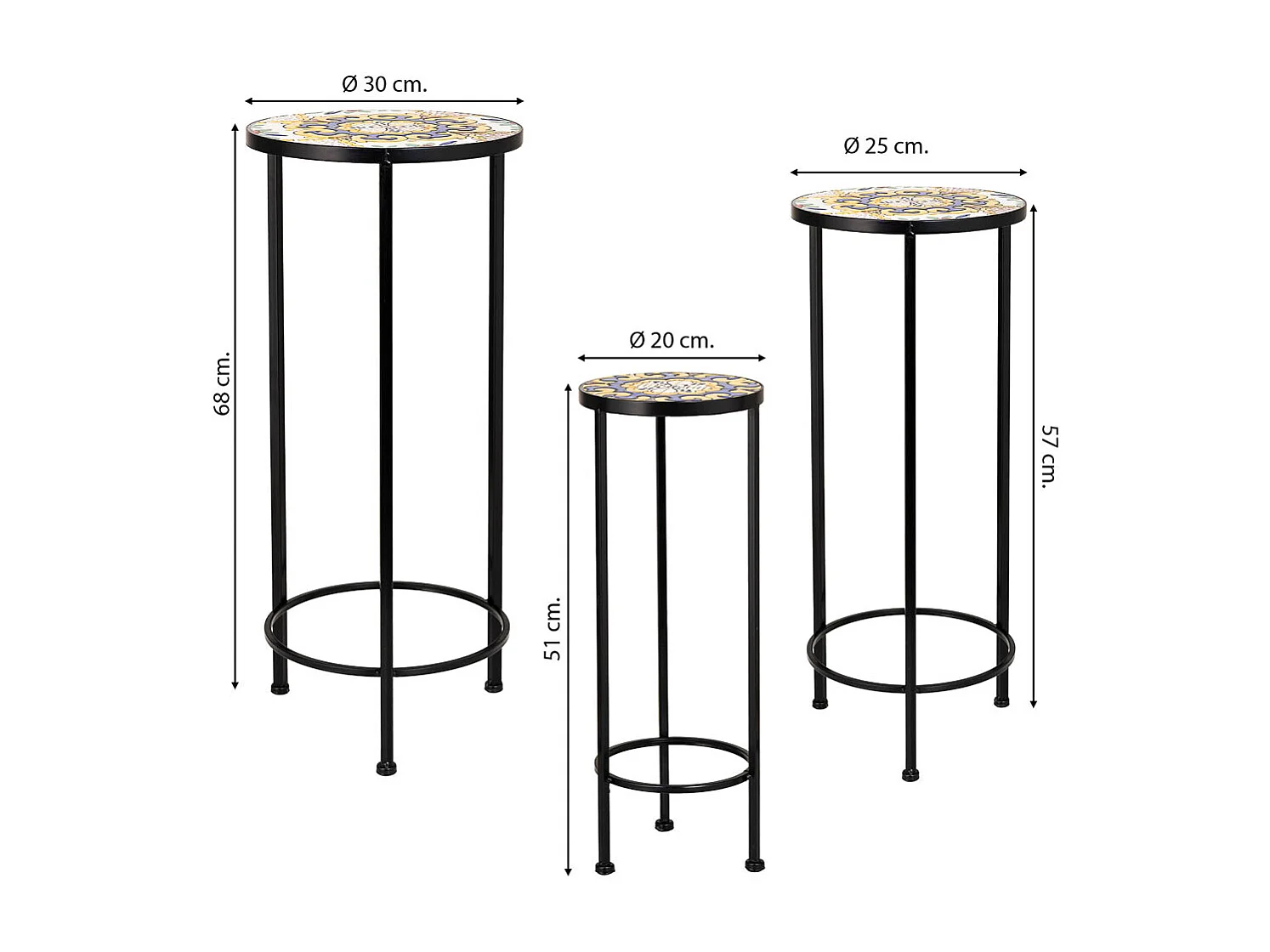 Satz mit 3 Gelb Mosaik- und Schmiedeeisenhalterungen D30x68h-D25x57h-D