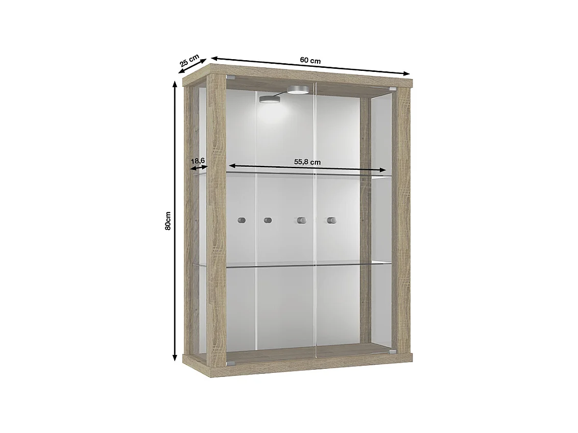 Hängevitrine mit 2 Türen, 2 Höhenverstellbaren Glasböden & Spiegel - Mit LED-Beleuchtung- 80x60x25 cm - Sonoma Eiche