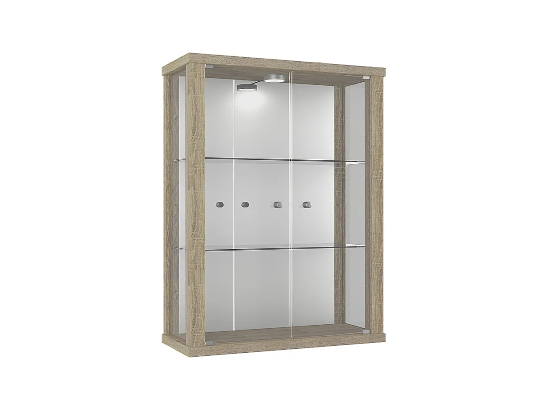 Vitrine murale avec 2 portes, 2 étagères en verre réglables en hauteur & miroir - Avec éclairage LED - 80x60x25 cm - Chêne Sonoma